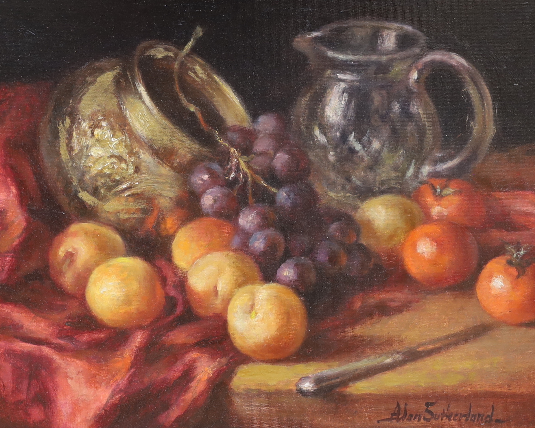 Alan Sutherland (1931-2019), oil on board, Still life of fruit on a table top, signed, 34 x 44cm